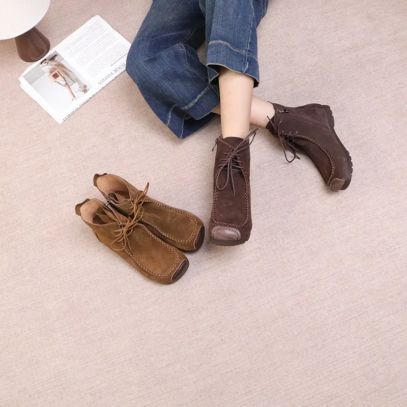 

Birkuir Retro Women Sewn Flat Heel Ankle Boots Lace Up Spring Flats Short Boots Suede Leather Luxury Soft Soles Ladies Boots