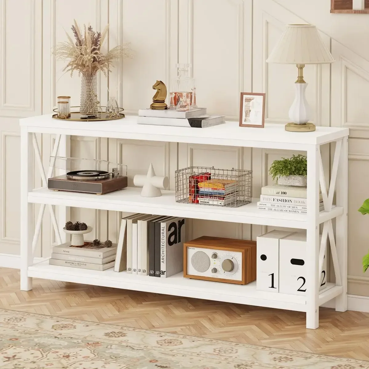 Console Table for Entryway, Rustic Long Sofa Table with 3 Tier Shelves, Modern White Hallway Tables for Living Room