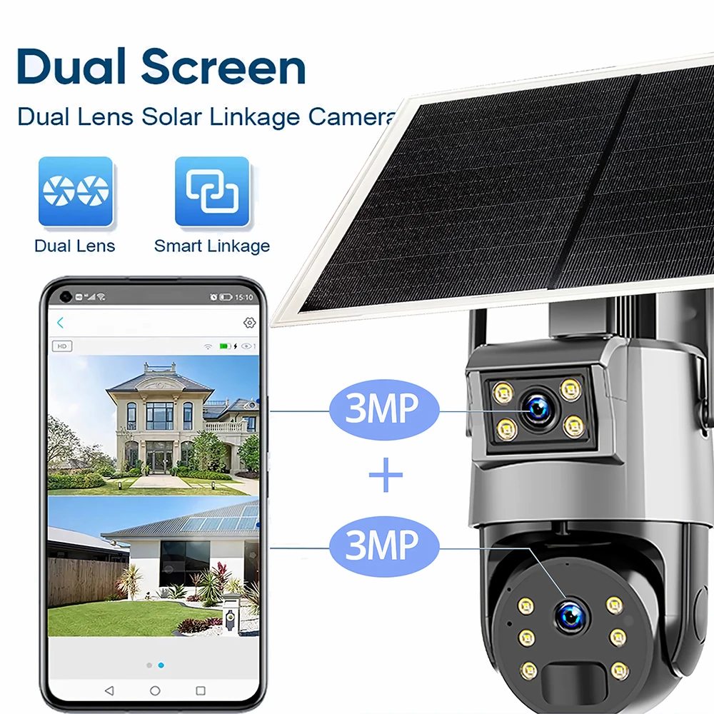 ALLCHN 6MP WIFI Dual Lens Dual Screen Solar Camera Panel CCTV Camera PTZ Outdoor  Full Color Audio PIR Human Detection Camera