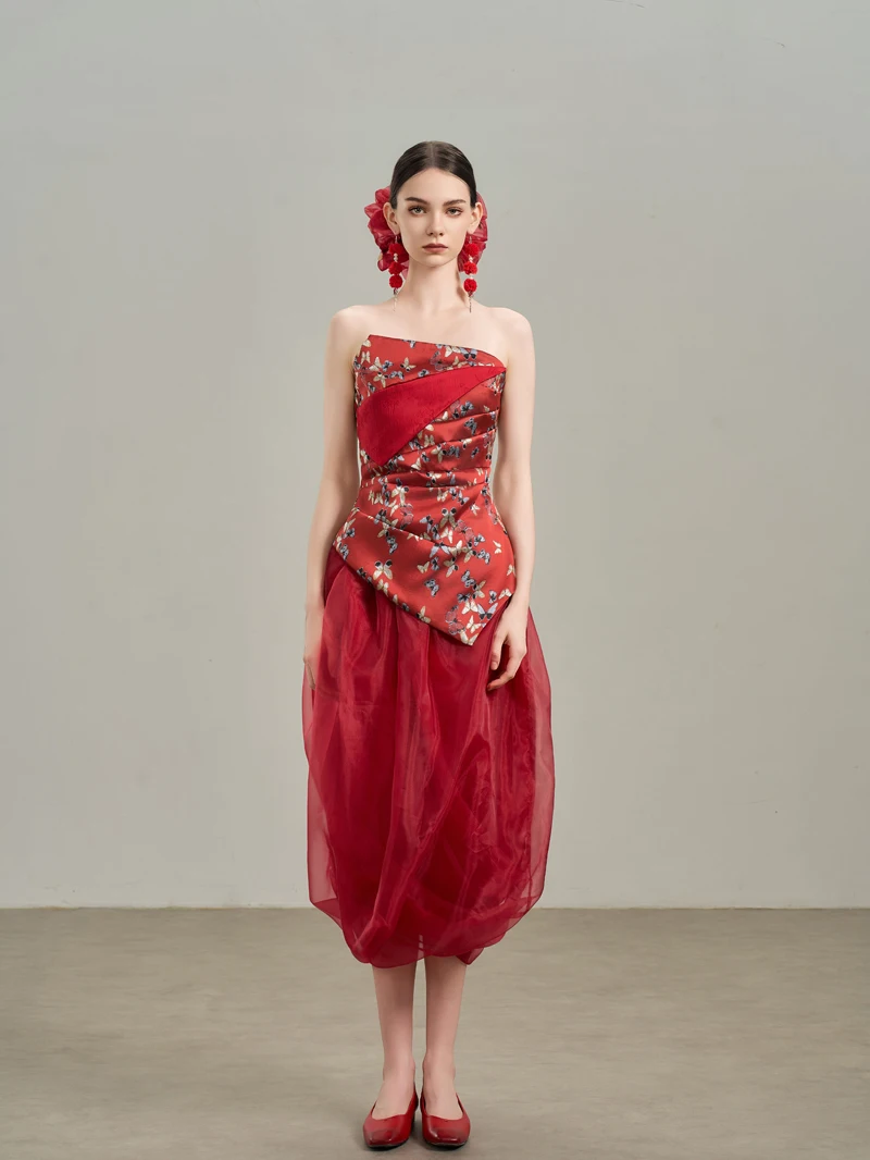 

NINILIUIU Red Embroidery Wedding Celebration Bustier Mid-Length Ball Gown for Wedding Par Evening Gathering