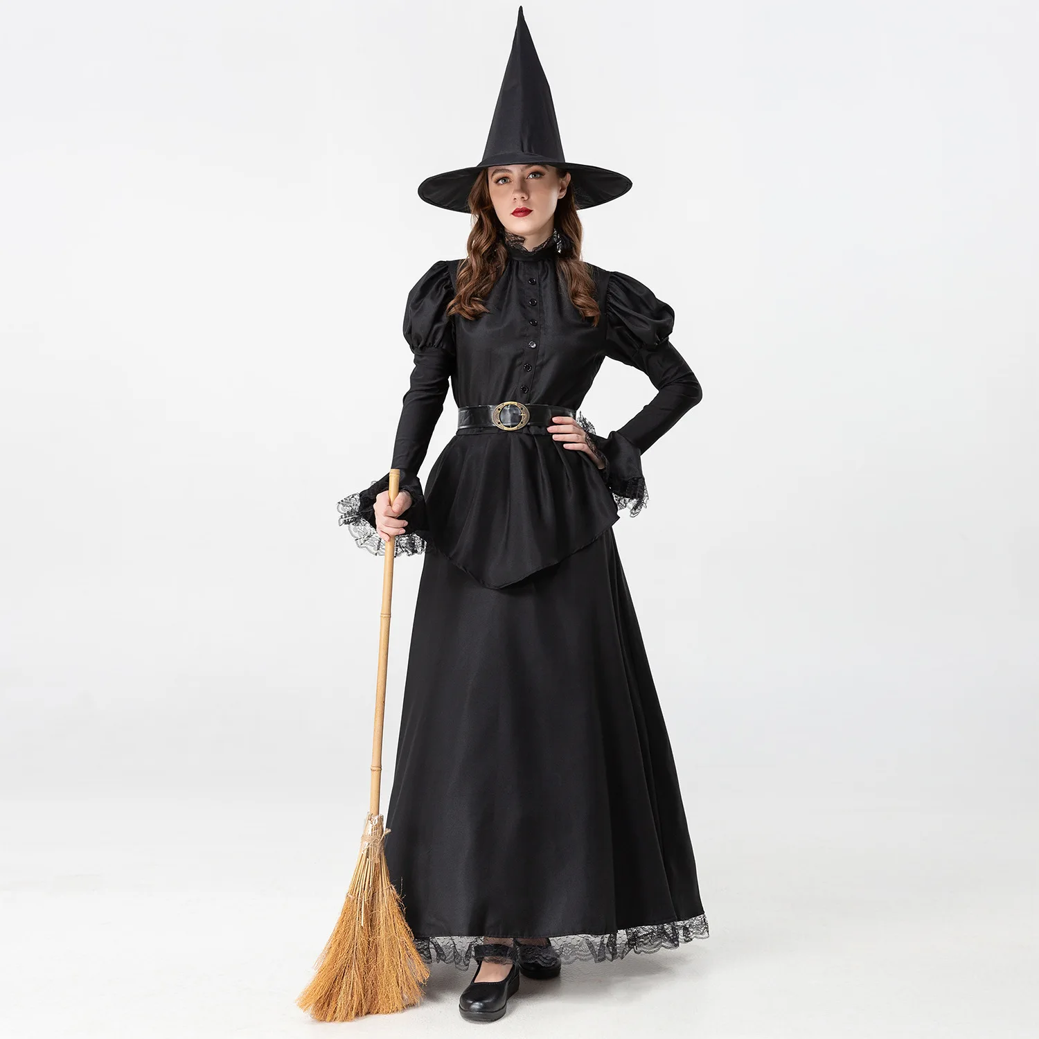 Vestido negro de Halloween, traje de juego de bruja, escoba, espectáculo de escenario