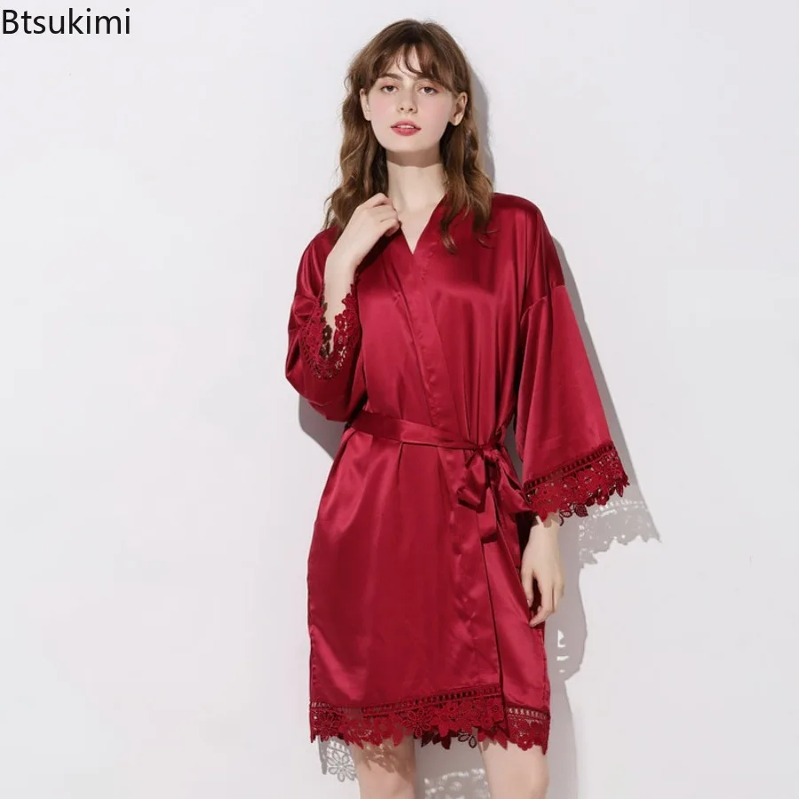 

2025 Women's Silk Satin Lace Kimono Dressing Gown Bridesmaid Robe Wedding Bride Gift Dress Pajamas Lace Home Wear Sleepshirts