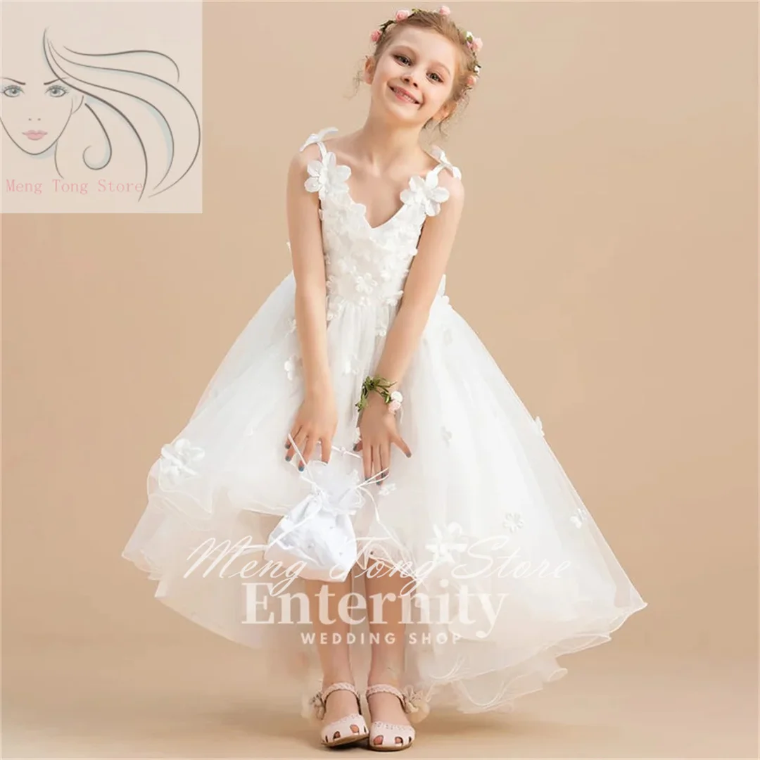 Vestidos Flower Girl com decote em v para meninas, vestido de baile assimétrico, tule e beading, elegantes vestidos de casamento