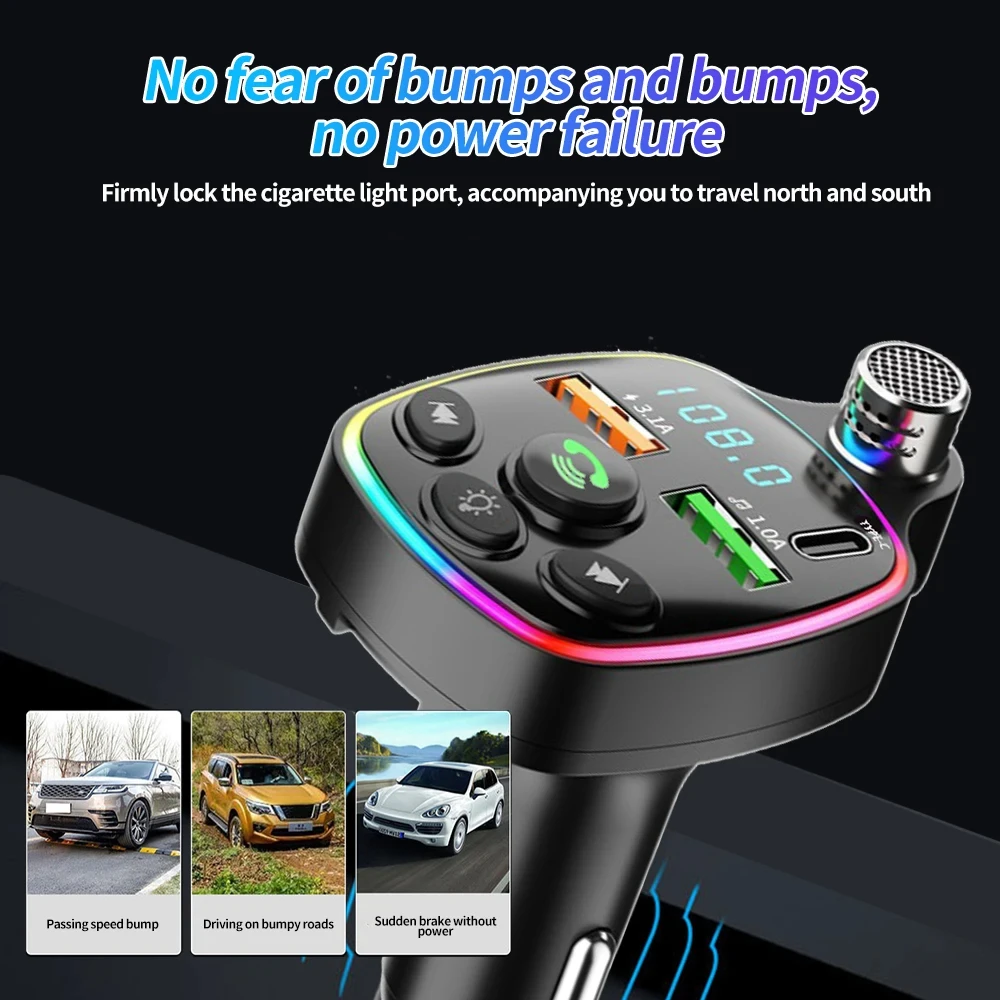 Car Bluetooth 5.0 Charger Q11 FM Transmitter Dual USB 3.1A PD 20W Colorful Ambient Light Cigarette Lighter MP3 Music Player