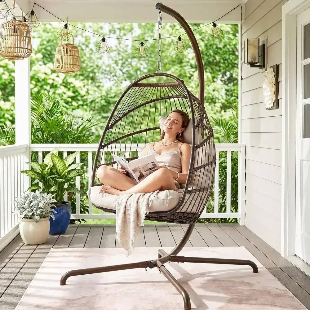 All-Weather Outdoor Wicker Swing Chair with Stand and Cushions, 350lbs Capacity, Perfect for Patio or Balcony, Brown