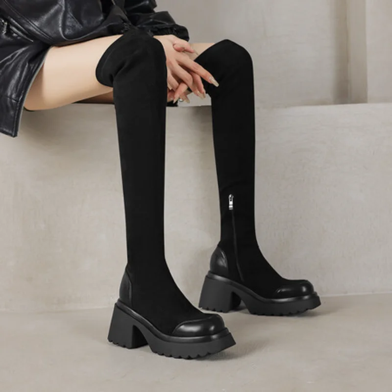 Street Style Stretch Women Over The Knee High Boots Autumn Winter Thick Heel Ladies Concise Long Botas De Mujer 2025