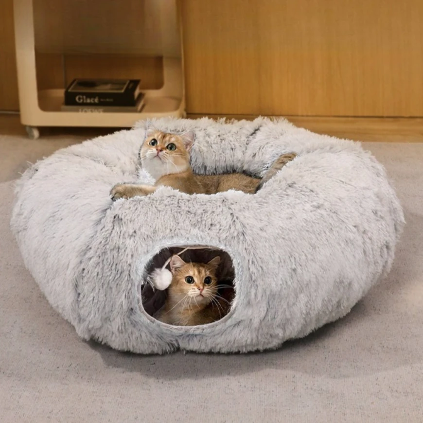 

Новая зимняя утолщенная теплая плюшевая складная круглая уютная туннельная кровать «два в одном» для кошек, гнездо для домашних животных, убежище для кошек