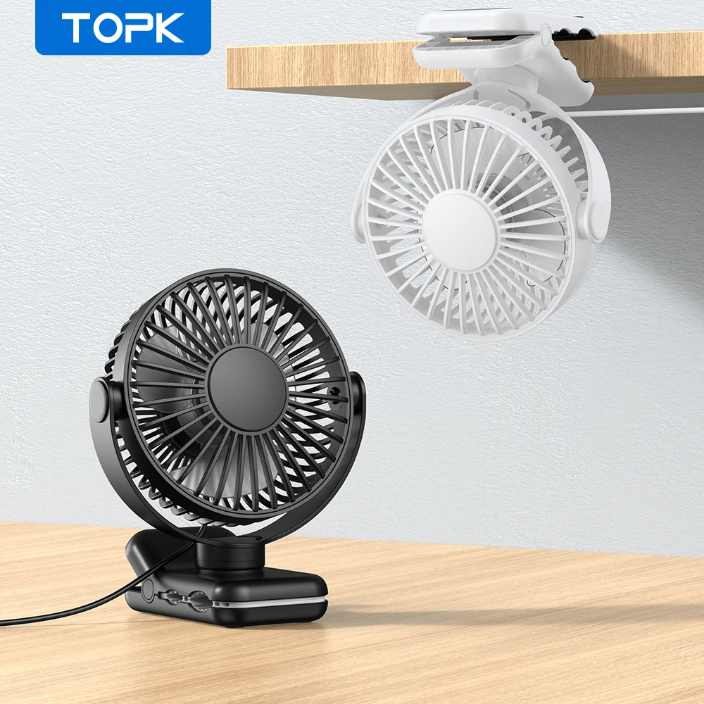 TOPK Mini przenośny wentylator z klipsem, wentylator biurkowy USB, 3 prędkości cichy wiatr 720 °   Obróć osobisty wentylator elektryczny, wentylatory stojące do pokoju domowego