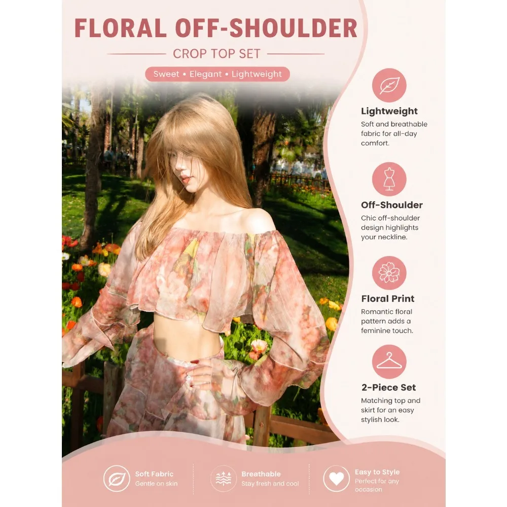 French Country Print Off-Shoulder Top & Skirt Set, Long Sleeve 2026 Spring 2-Piece Outfit, Ethereal Slimming Women‘s Casual Wear