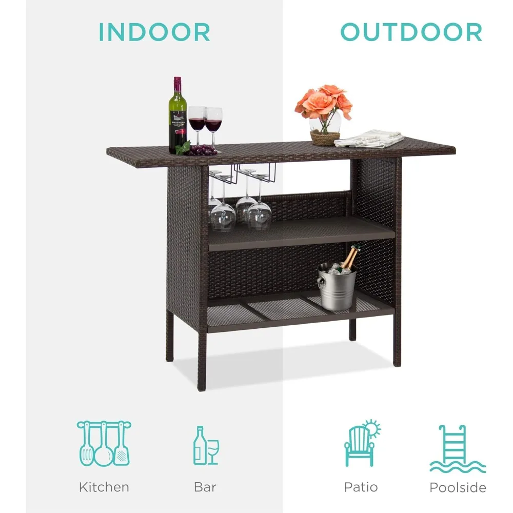 Outdoor Patio Wicker Bar Counter Table Backyard Furniture w/ 2 Steel Shelves and 2 Sets of Rails - patio furniture set