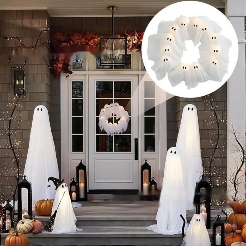 Halloween Ghost Shine Wreath Glow Spirit Door Hanging Decoration Party Yard Indoor Bar Holiday Gift Halloween Easter Christmas view 5