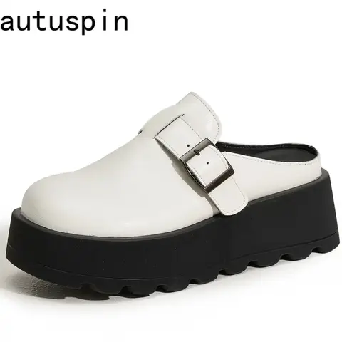 AUTUSPIN 6cm 웨지 Chunky 여성 슬리퍼 패션 봄 여름 화이트 뮬 신발 부드러운 가죽 슬립 온 여성 슬라이드 로퍼 2025