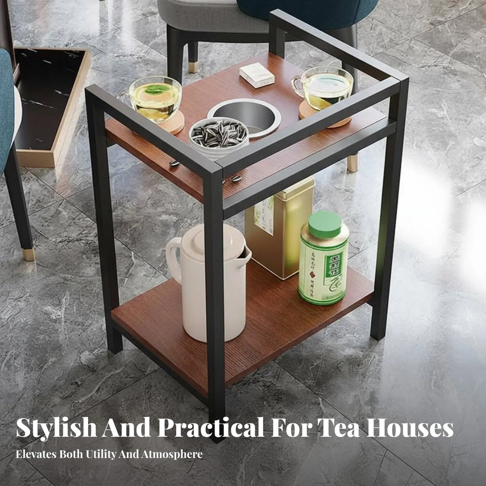 

Dual-Level Mahjong Side Table Built-in Drink Holder Game Room Organizer Multi-Functional Storage Space-Saving