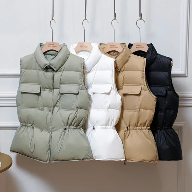 2024 Women Sleeveless Jacket New Spring Autumn Double Breasted Stand Collar Waistcoat Short White Duck Down Coat Female Parkas