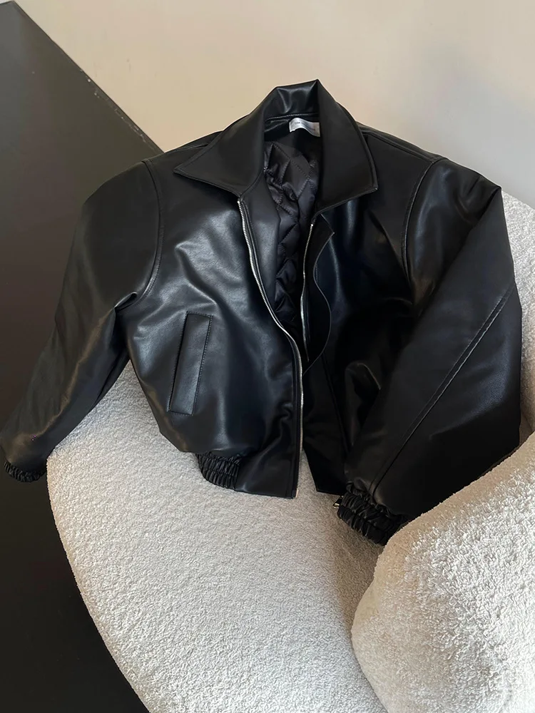 

Мужская куртка из искусственной кожи, модная повседневная черная куртка на молнии, свободные подплечники с лацканами, мотоциклетная форма, уличное пальто