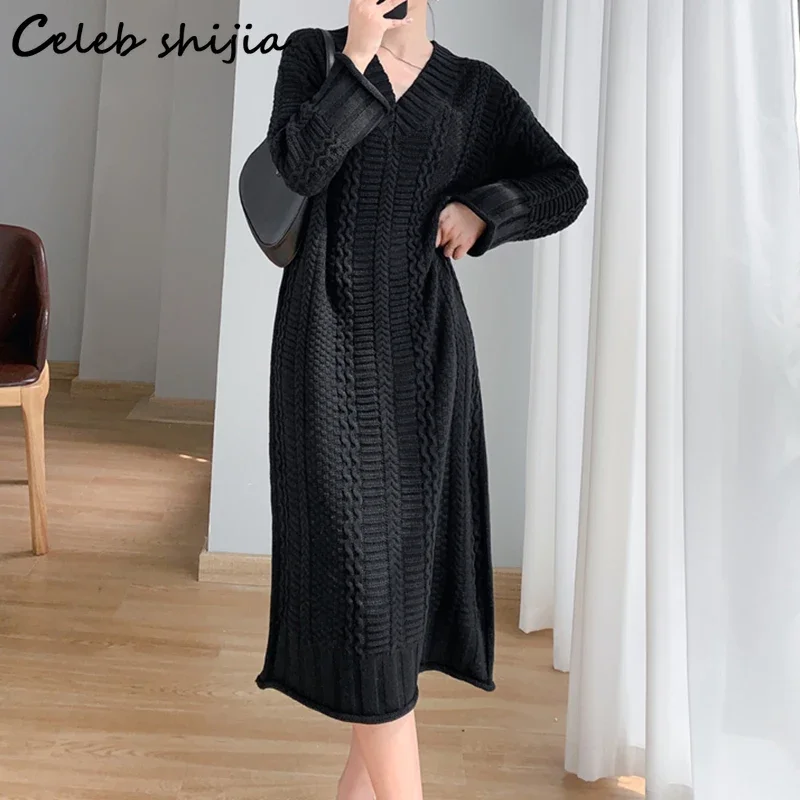 Black Thicken Woolen Dress Women Oversized Winter Fall Vintage Long Knitted Vestido Ladies Office Business Chic Knitwear