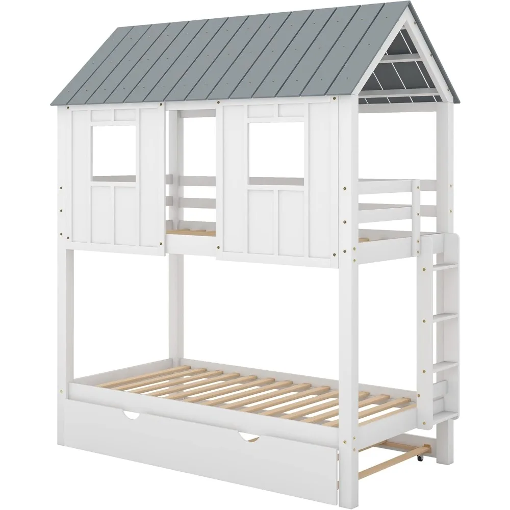 سرير منزلي بطابقين مع دولاب، سرير خشبي بطابقين مع سقف وقضيب حماية للمراهقين والأولاد والبنات والأسرة، لا حاجة إلى صندوق زنبركي #5