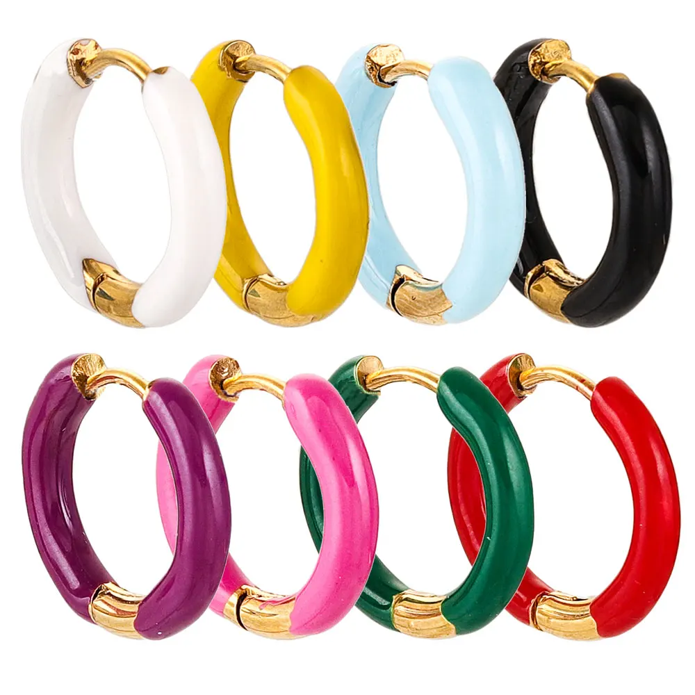 6pcs Stainless Steel Enamel Multicolor Hoop Earrings for Women Dopamine Small Earplugs Pierced Round Thick Jewelry Wholesale