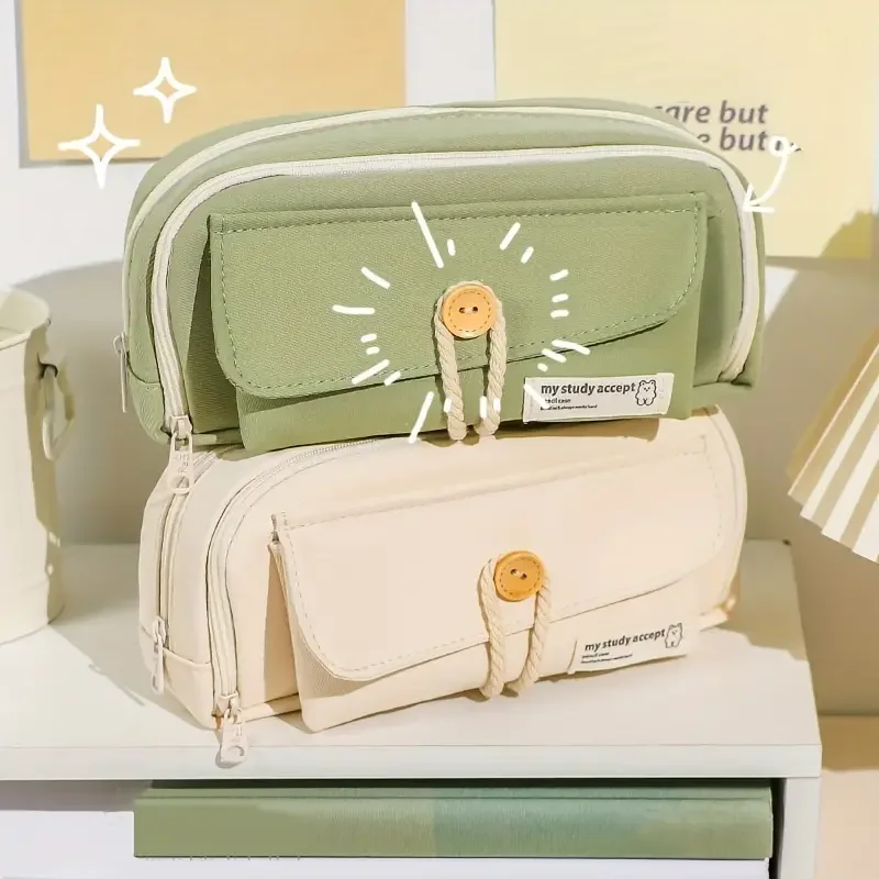 Cute And Convenient Canvas Pencil Case Large Opening Capacity for Student Supplies Cosmetics Travel Handbag 1pc