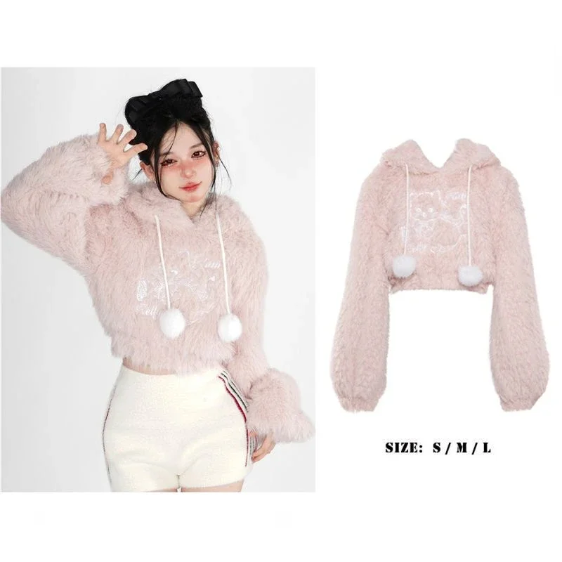 New Pink Lolita Kawaii Sweater Women Loose Japanese Sweet Fairy Hooded Tops Female Long Sleeve Korean Pullovers Winter