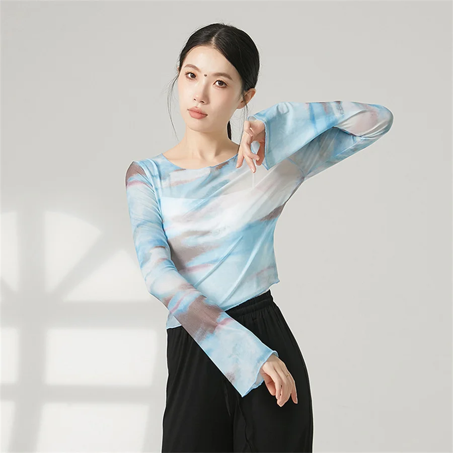 Women Modern Dance Shirt Mesh Trumpet Long Sleeve See Through Classical Dance Top Jazz Costume Stage Chinese Dance Female Wear