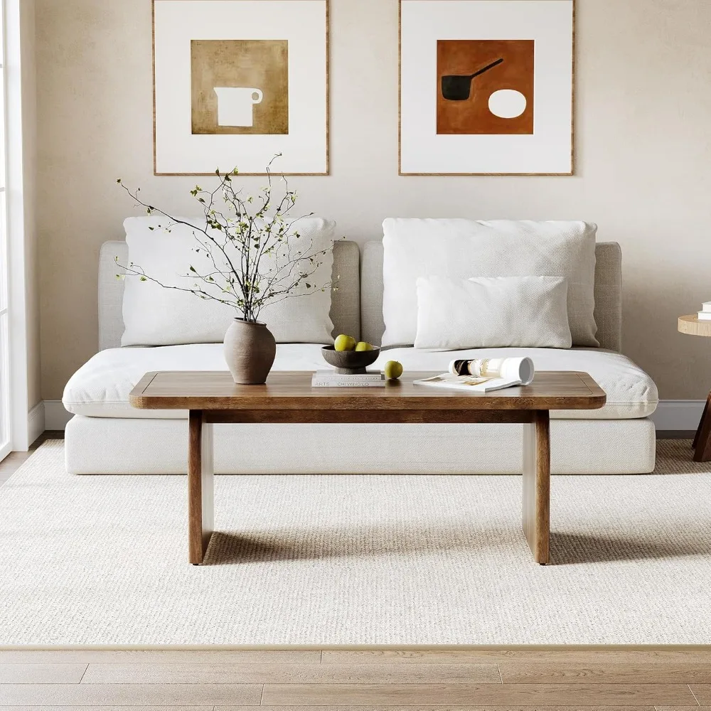 Farmhouse Coffee Table, 47 Inches Wooden Center Tables with Rounded Corners, Rectangular Living Room Tables, Modern Low Cocktai