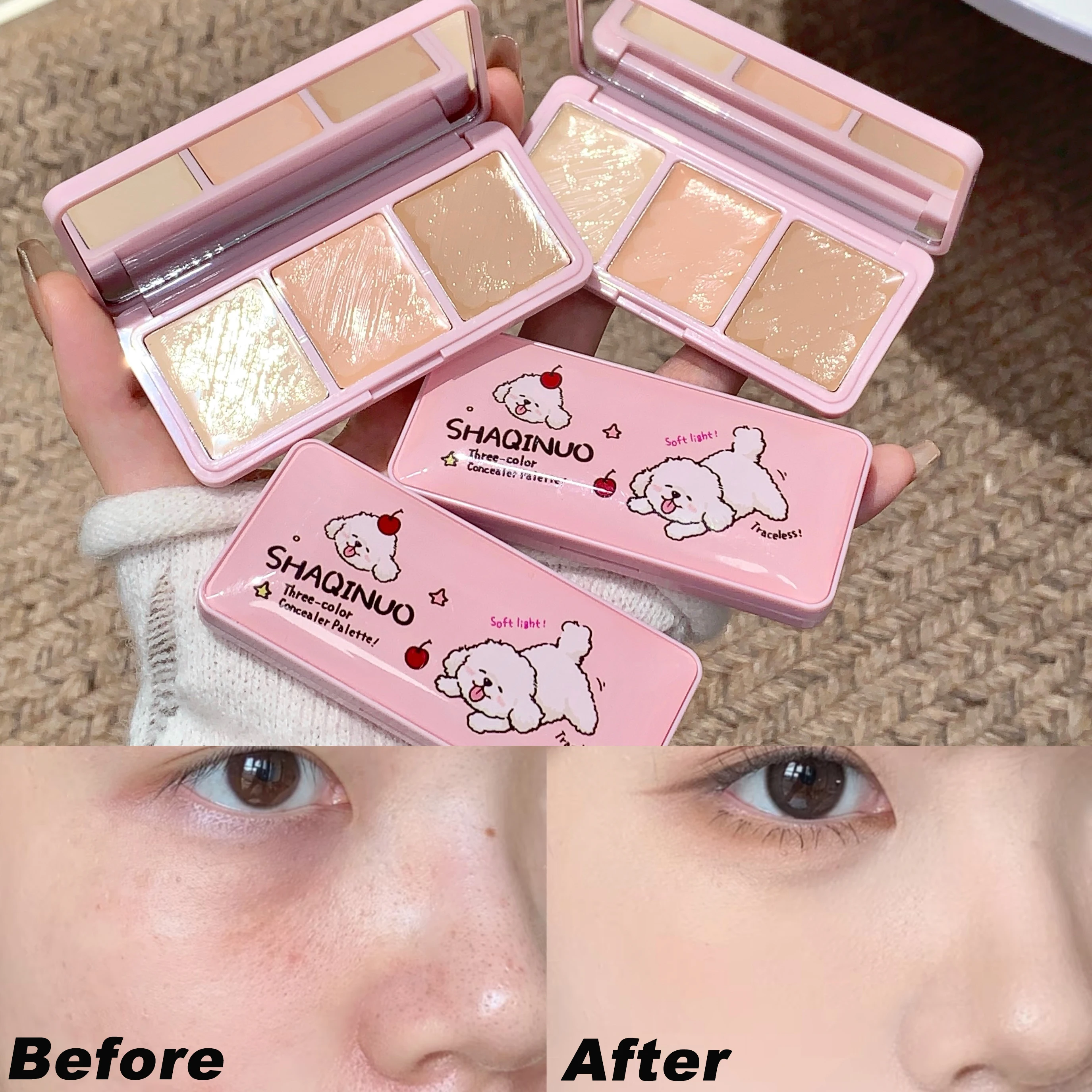 SHAQINUO 3-Color Salmon Color Concealer Palette Waterproof Long Lasting Covers Dark Circles Acne Marks Pores Brighten Skin Tone