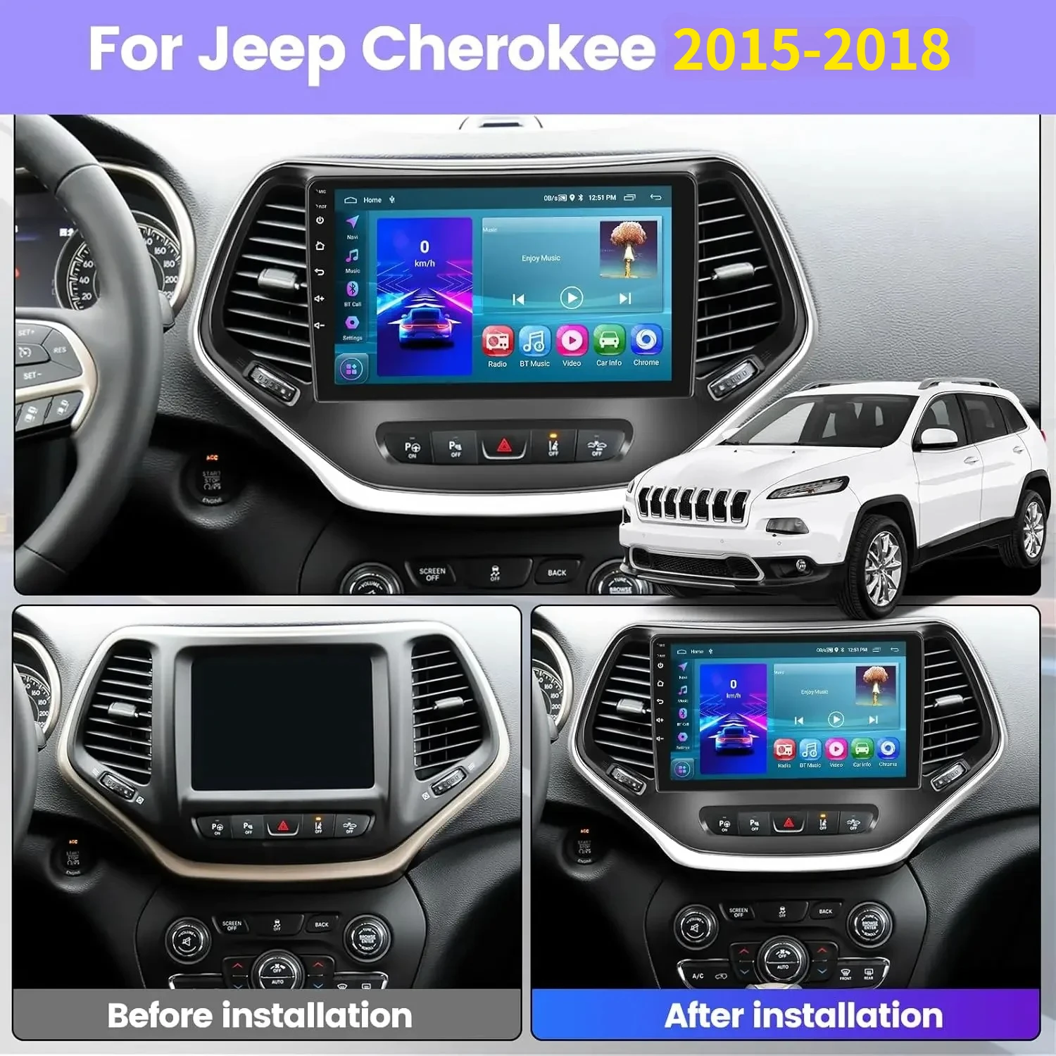 

Автомагнитола 2+32 ГБ Android 13 для Jeep Cherokee 2015-2018, 10-дюймовый сенсорный экран, поддержка Carplay/Android Auto/Bluetooth