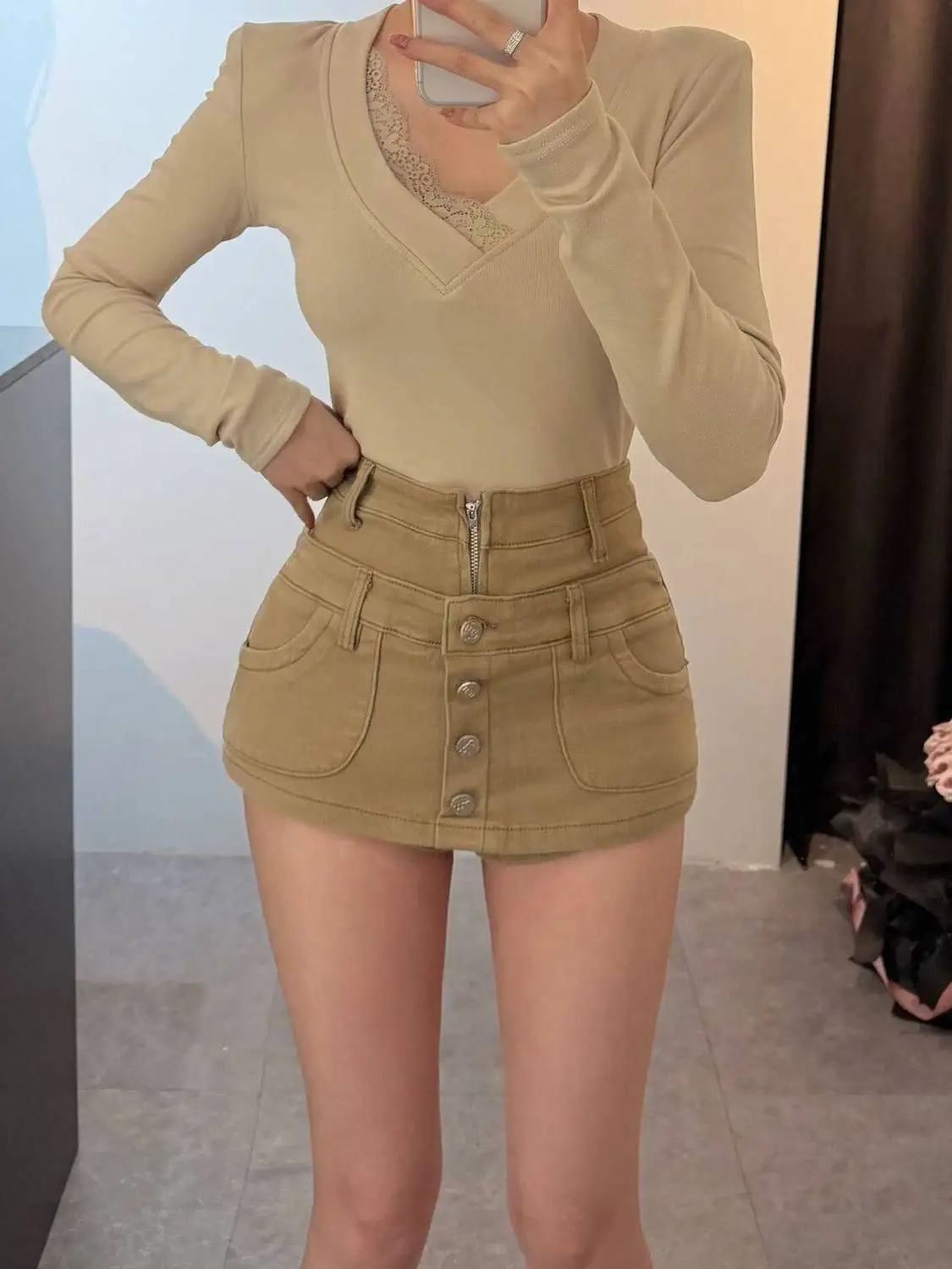 

Женская летняя джинсовая юбка А-силуэта цвета хаки, утягивающая, универсальная, сексуальная, средней длины, с высокой талией, из полиэфирного волокна, стандартный крой