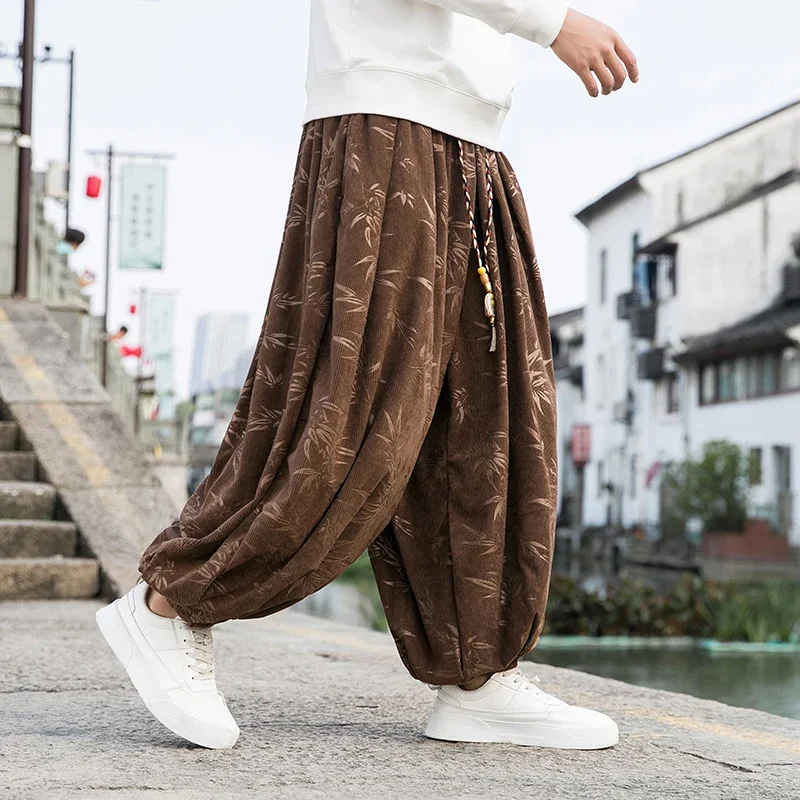 

New Men Chinese Style Printed Corduroy Pants Men's Casual Pants Autumn Winter Elastic Waist Sweatpants Wide Leg Pants