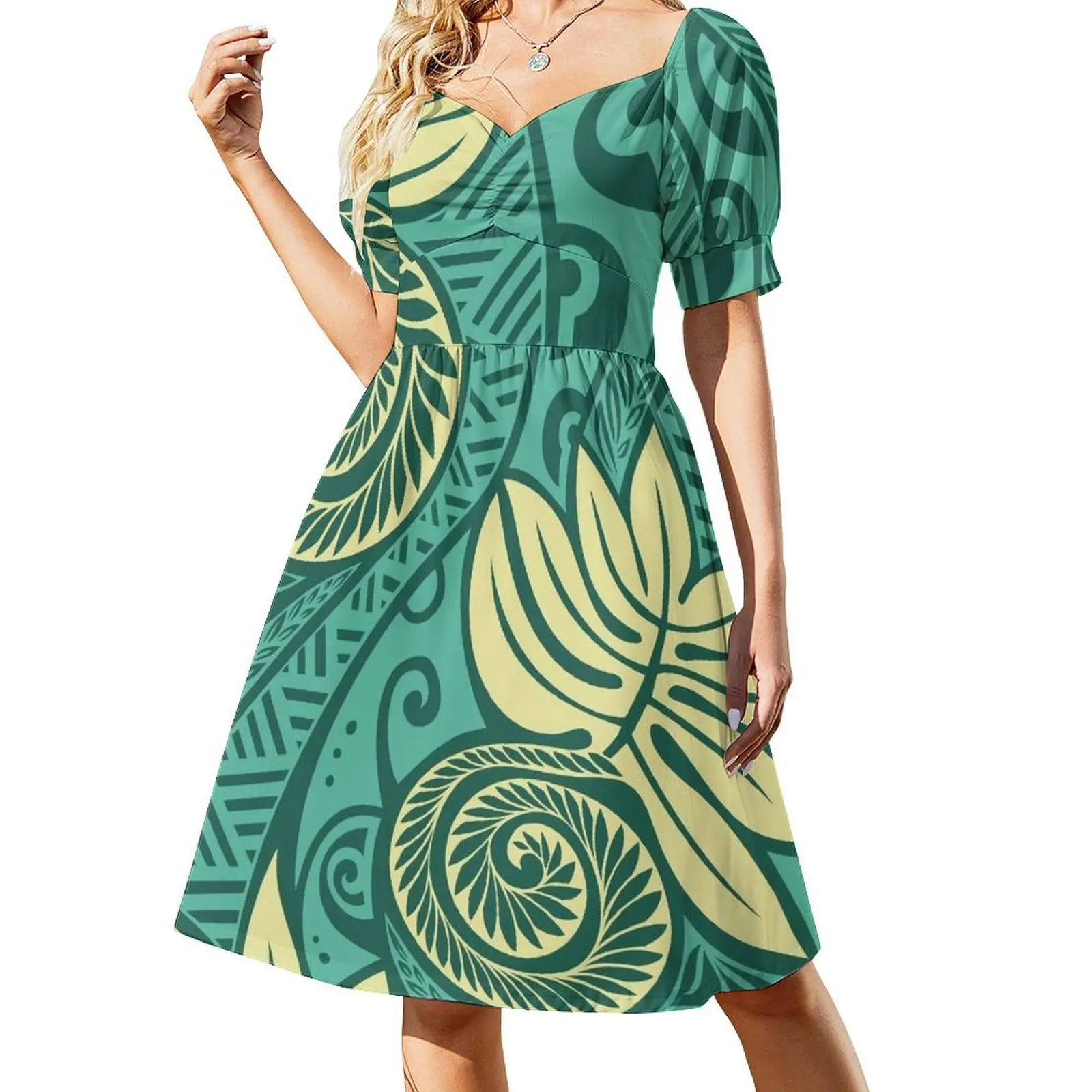 Hawaiian ulu breadfruit turquoise blue cream design Short Sleeved Dress summer dress daily Dress