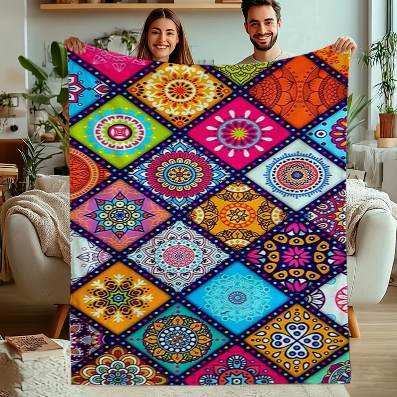 Multicolor Diamond Mandala Patchwork Flannel Blanket For Eclectic Bedroom Decor Soft Warm Throw Blanket Gift