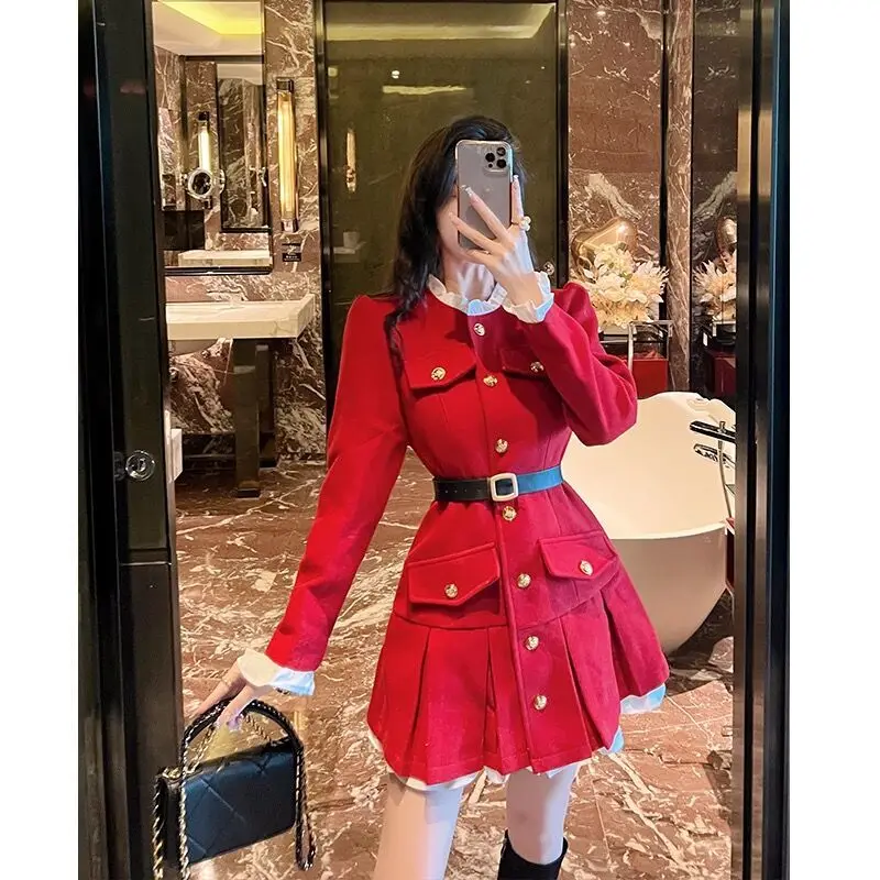 Women Autumn Winter Korean New O-Neck Woolen Dress Fashion Button Bow Long Dress Casual Waist Closing Long Sleeve A-line Dress