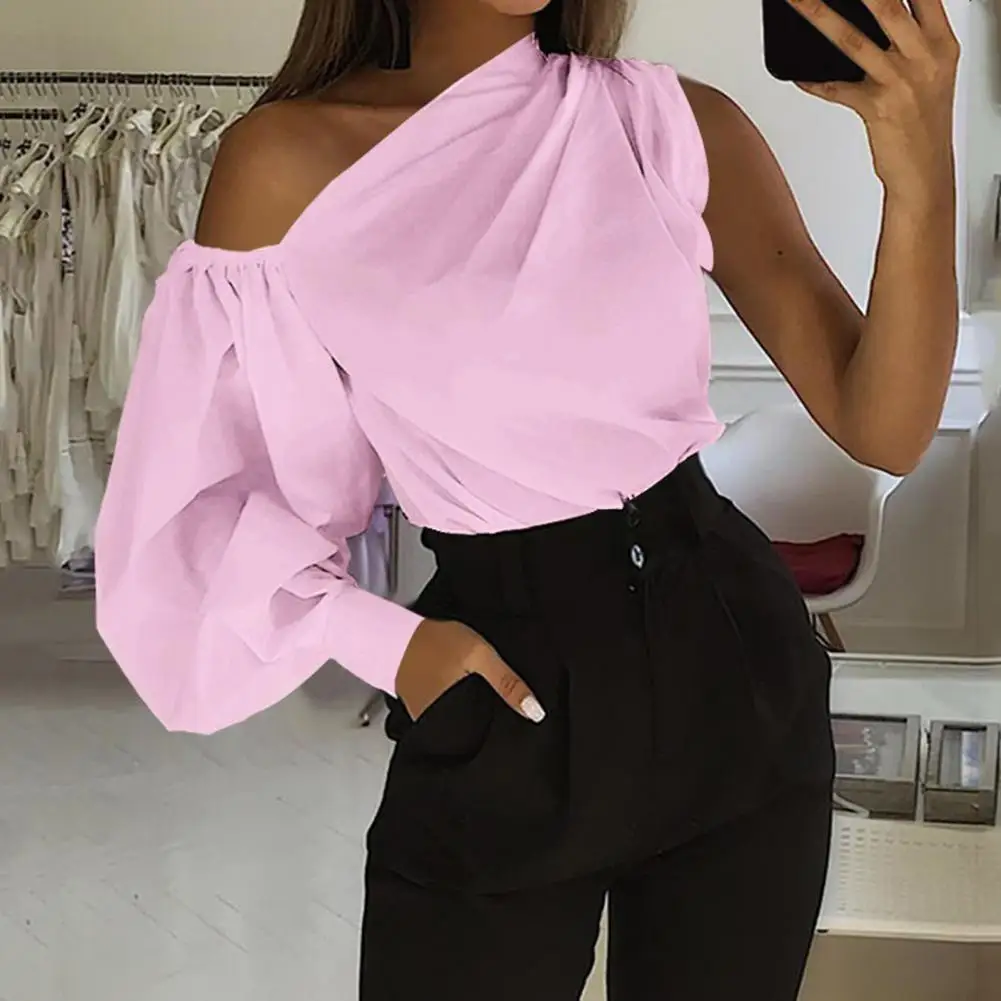 Elegant Women Blouse Sexy One Shoulder Skew Neck Asymmetrical Lantern Sleeve Loose Fit Soft Fabric Pullover Top Female Clothing