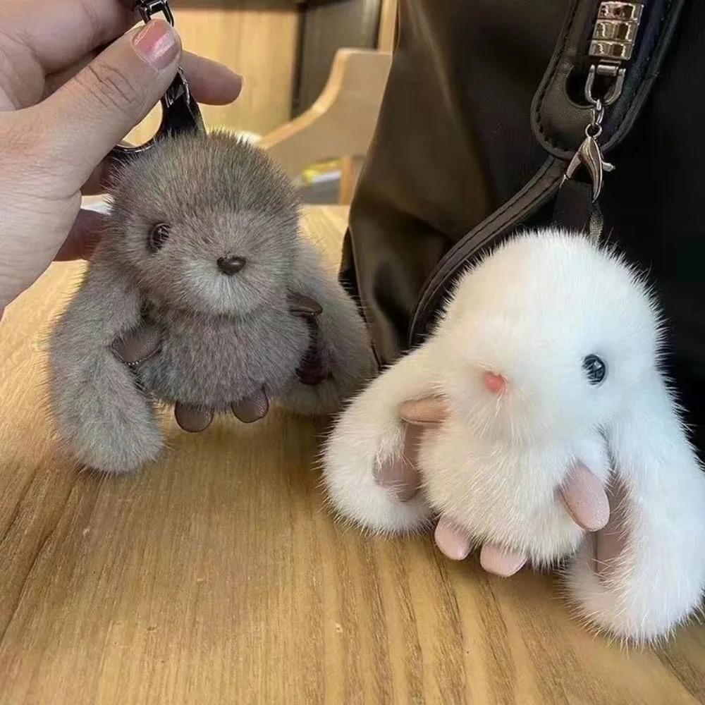 

New Cartoon Rabbit Keychain Fluffy Fur Alloy Bunny Key Ring Pompon Trinket Key Chain