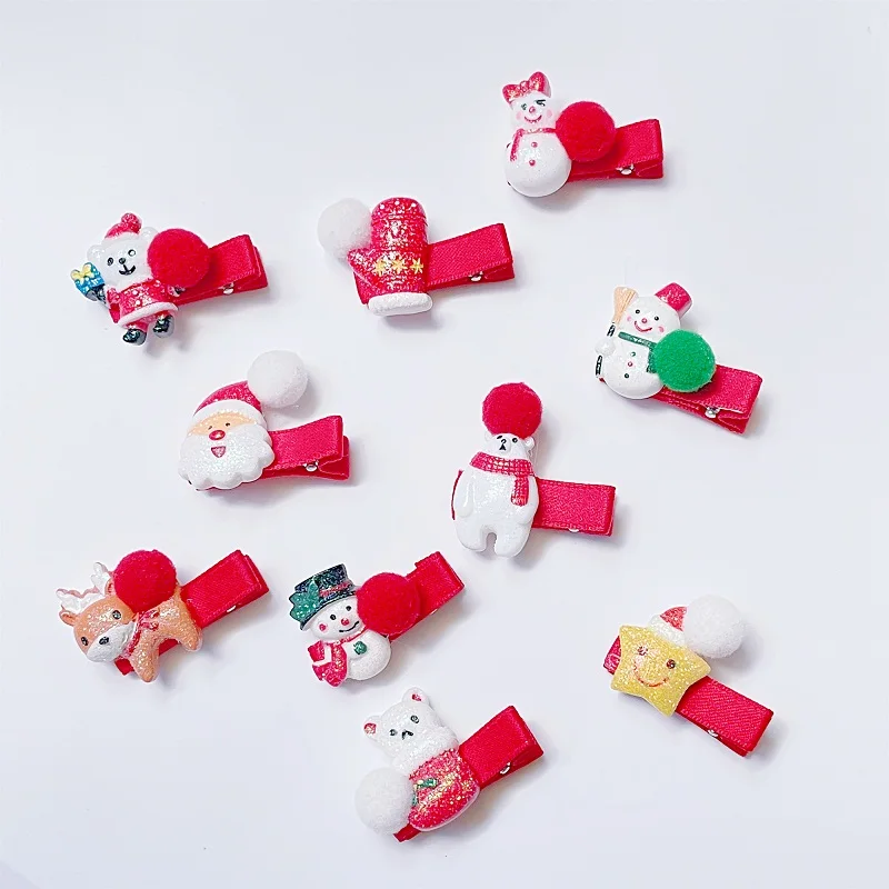 

20pcs Glitter Bear Snowman Santa Claus Snap Clips Cartoon PomPom Barrettes Xmas Party Headwear Boutique Hair Accessories