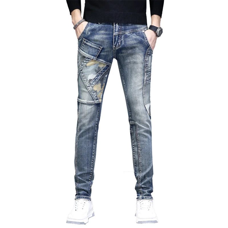 2024spring stitching jeans men's casual all-matching slim fit stretch skinny personality Street retro biker's pants