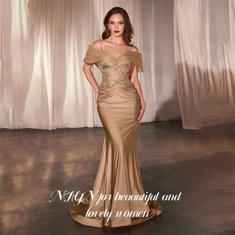 

NFYN Champagne Mermaid Formal Prom Dresses Off the Shouler Satin Evening Dress Backless Pleating Party Gown for Woman Customized