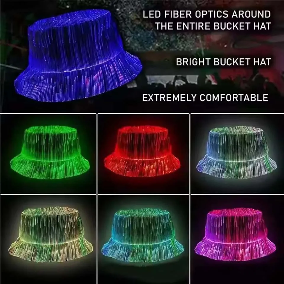 LED Fiber Optic Neon Fishermen Hat Luminous Changing Color Bucket Hat Nightclub Concert Bar Props Hiphop Dance Stage Show Decor