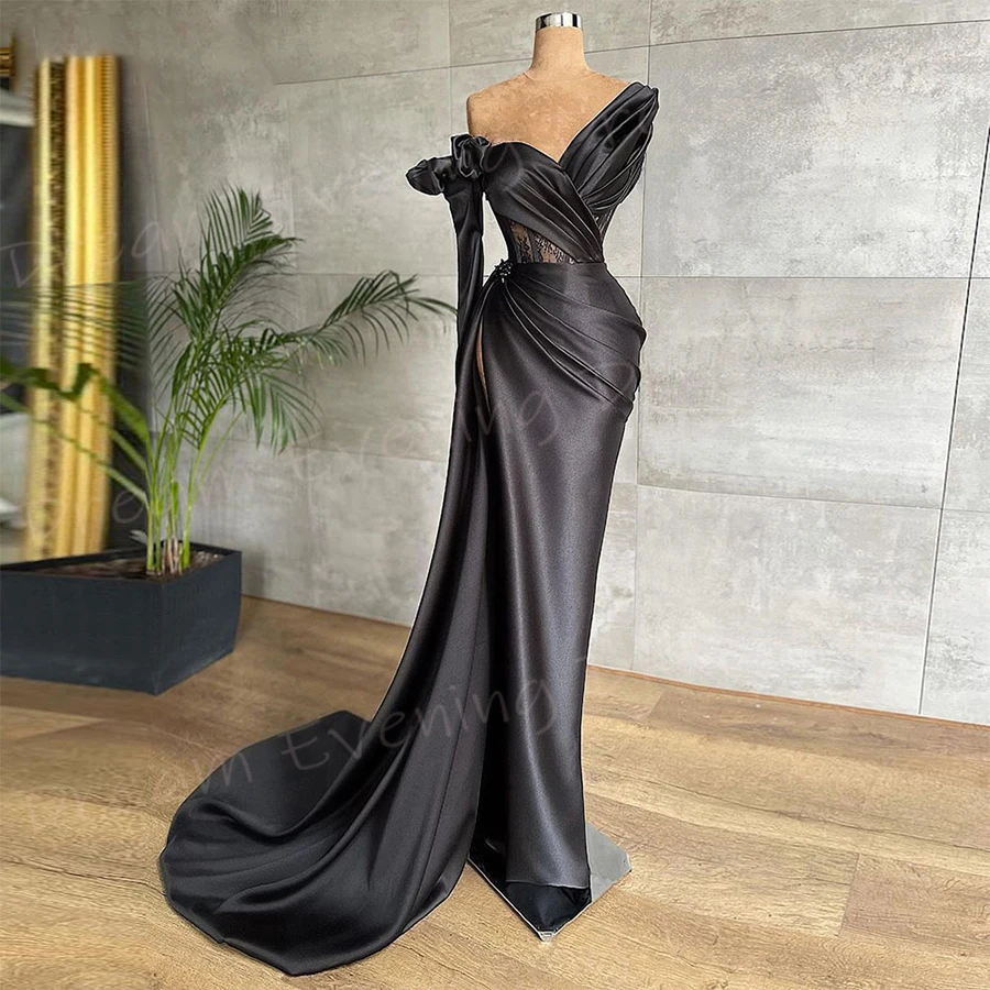 Charming Black Mermaid Modern Women's Evening Dresses One Shoulder Long Sleeve Prom Gowns Formal Party Pleated Vestido De Noche