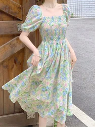 Zoki Korean Sweet Floral Dress Women Fashion Slim Elegant Long Dress Casual Square Collar Chic Lady Summer Design A Line Dress