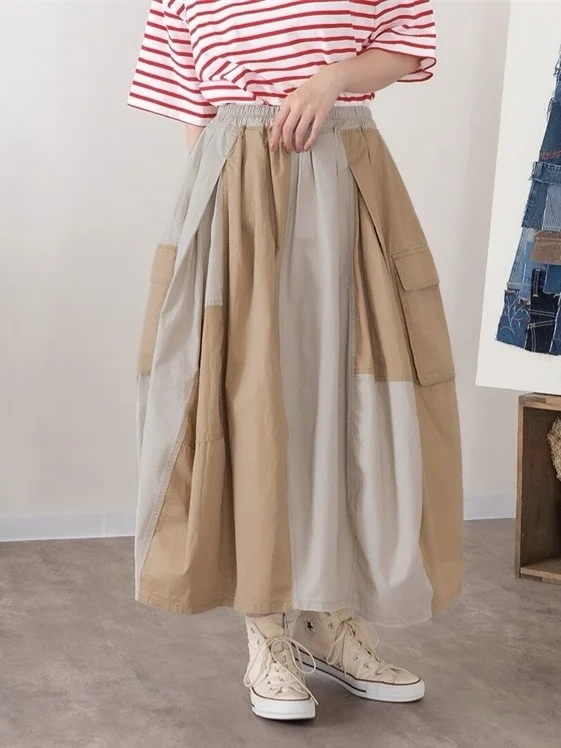 

High Waist A-Line Skirt with Pockets Color Block Workwear Style Trendy Japanese Retro Spring Summer New Arrival Women's ...