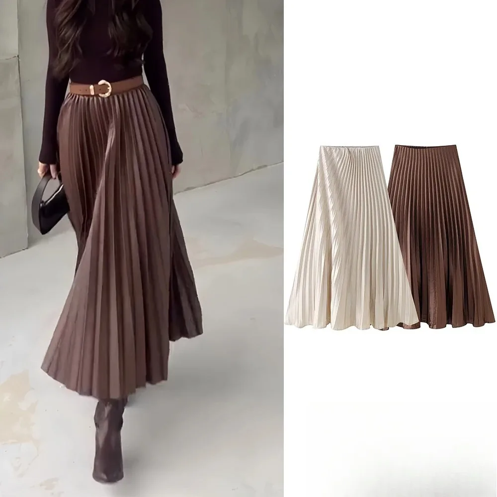 

KONDALA Vintage Casual Pleated Long Skirts Women High Waist Pleated Long Satin Skirts Fashion 2025 Spring Summer Elegant Skirts