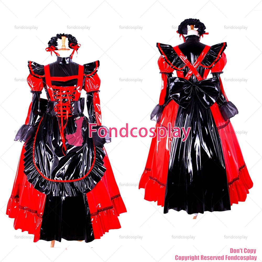 fondcosplay adult sexy cross dressing sissy maid long Dress red black thin Pvc Lockable Uniform Costume CD/TV[CK792]