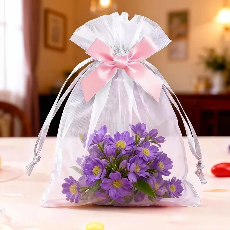 10-80Pcs Sheer Organza Drawstring Bag with Collision Color Bow Transparent Mesh Pouch with Ribbon Tie for Gift Party Favor