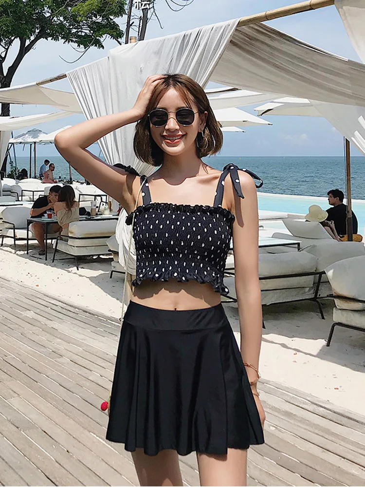 

High Waist Bikini Women's Swimsuit ter Ne Polka Dot Knot Skirt Sle Swimming Costume Slimming ort Skirt