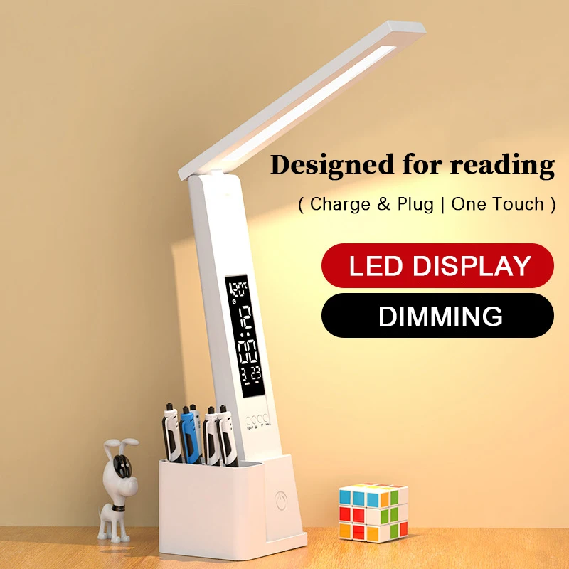 Lámpara LED de escritorio USB regulable táctil con calendario, reloj de temperatura, luz nocturna, lámpara de mesa plegable para estudio, lámpara de