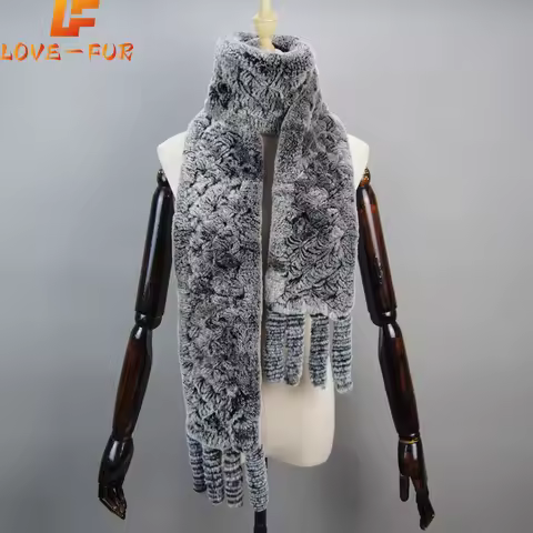 Long Style Women Winter Real Rex Rabbit Fur Scarf Warm Fluffy Natural Rex Rabbit Fur Scarf Ladies Knitted Rex Rabbit Fur Scarves
