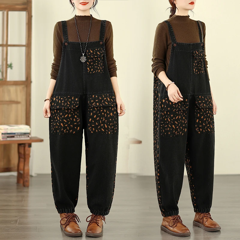 

plus Size Denim Overalls Fashionable Casual Print Personalized Long Pants High Waist Cotton Polyester Blend Spring Summer Aut...