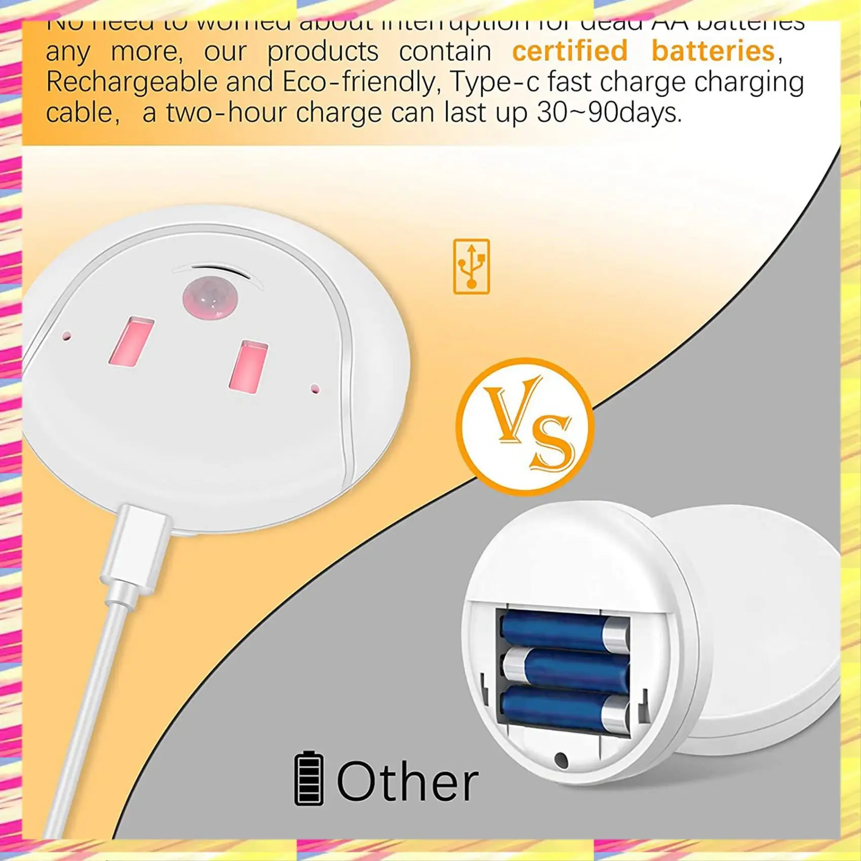 ABJJ LED Night Light With Motion Sensor, Rechargeable USB Smile Night Lamp With 3 Modes, Light For Bedroom, Pack Of 2